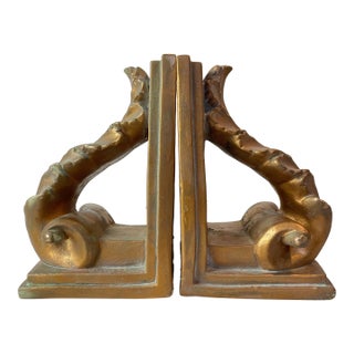 1991 Brushed Gold Plaster Acanthus Leaf Scroll Cornice Wall Sconces or Bookends For Sale