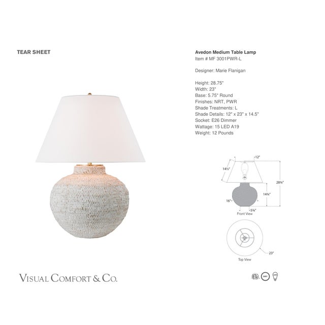 Marie Flanigan by Visual Comfort Signature Avedon Medium Table Lamp in Plaster White Rattan with Linen Shade Designer:...