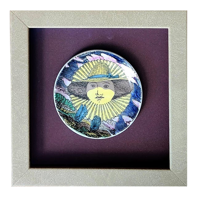 Piero Fornasetti “12 Mesi, 12 Soli” Porcelain Coaster, June, Sun in a Straw Hat, Framed For Sale