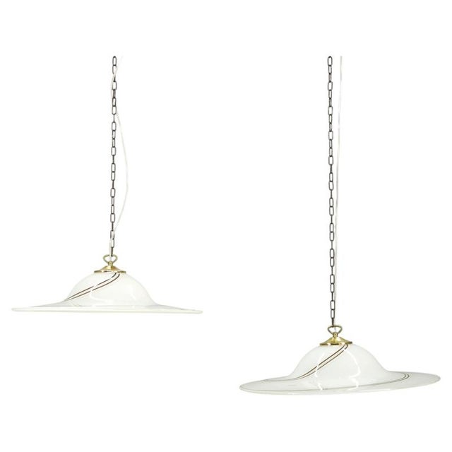 Italian Opaline Murano Glass and Brass Pendant Lights, 1970s, Set of 2 For Sale - Image 16 of 16