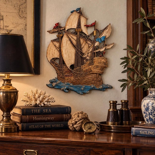 Coastal Vintage Syroco Sailing Ship Wall Sculpture – Made in Usa For Sale - Image 3 of 10