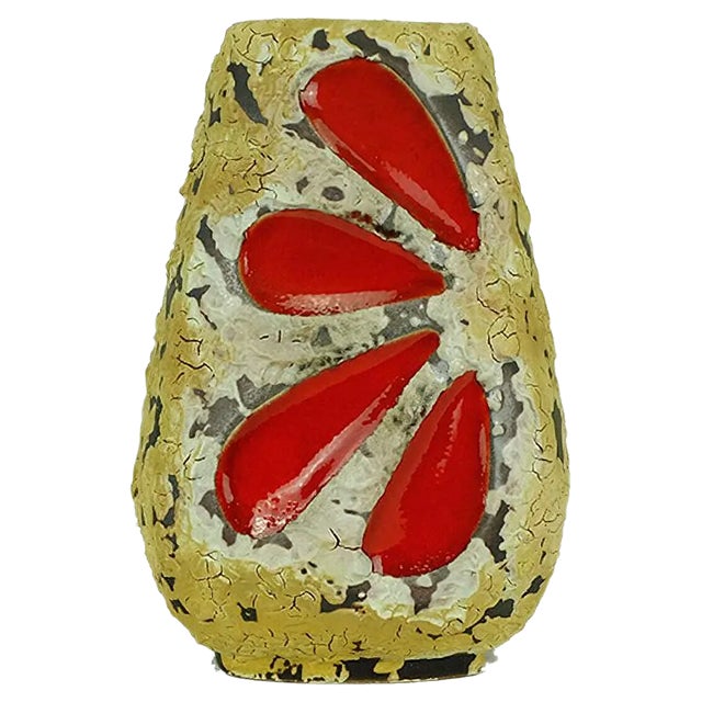 Mid-Century West German Fat Lava Ceramic Vase with Beige on Dark Brown Glaze & Red Leaf Decoration from Emons & Soehne For Sale