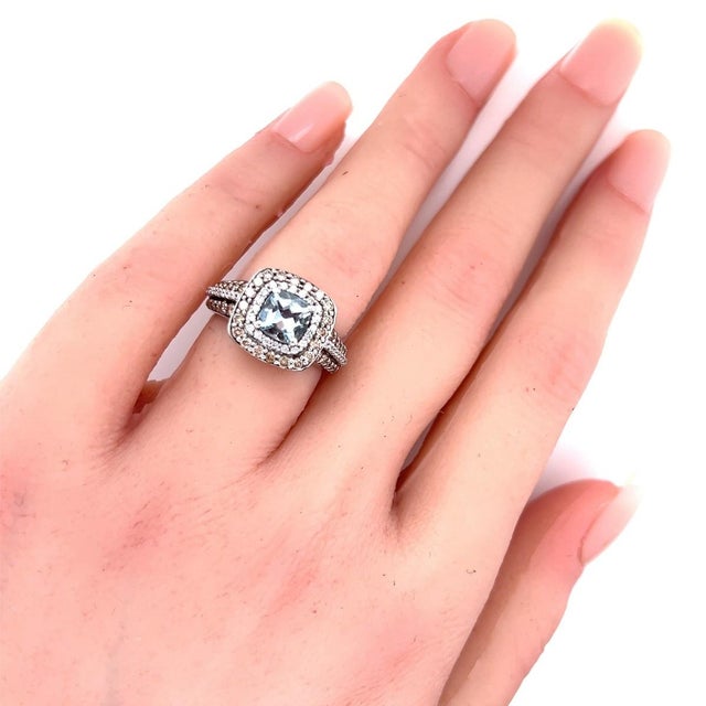 Contemporary Mid 20th Century LeVian Aquamarine White & Chocolate Diamond Ring in 14k White Gold Size 4.5 For Sale - Image 3 of 8