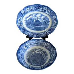 1970s Staffordshire Liberty Blue Oval Serving Dish and Bowl Set- 2 Pieces
