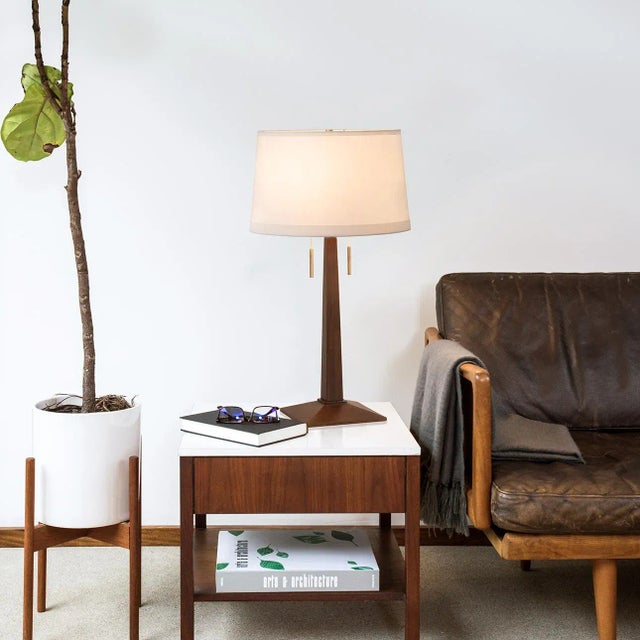 Mid-Century Modern Taper Table Lamp - Dark Walnut Wood Finish, White Linen Shade For Sale - Image 3 of 10