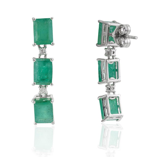 Not Yet Made - Made To Order Art Deco Natural 6.32 Ct Octagon Emerald & Diamond Three Stone Dangle Earrings - 2 Pieces For Sale - Image 5 of 11
