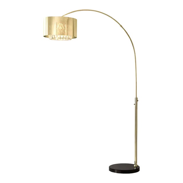 Marilyn 1 Light Arc Floor Lamp - 94", Weathered Brass, Mylar & Crystal Shade, Rotary Switch, Marble Base For Sale