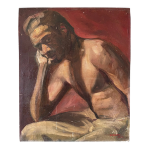 Mid Century Oil on Board Painting Man M Viana