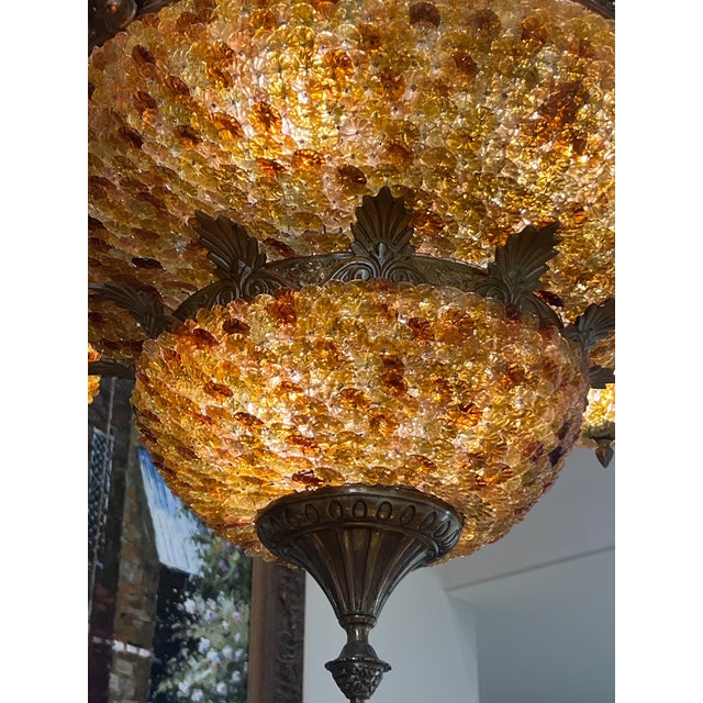 Spanish Revival Grand Venetian-Style Tiered Amber Glass Flower Rosette & Cast Metal Chandelier (48” H X 36” W) For Sale - Image 3 of 8