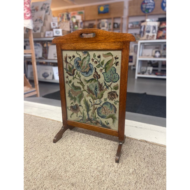 Arts & Crafts Possibly Antique Arts & Crafts Oak Fire Screen With Hand-Stitched Floral Needlepoint, Likely Early 20th Century. For Sale - Image 3 of 10