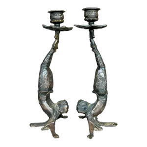 Vintage Boho Patinated Acrobat Candlesticks - a Pair