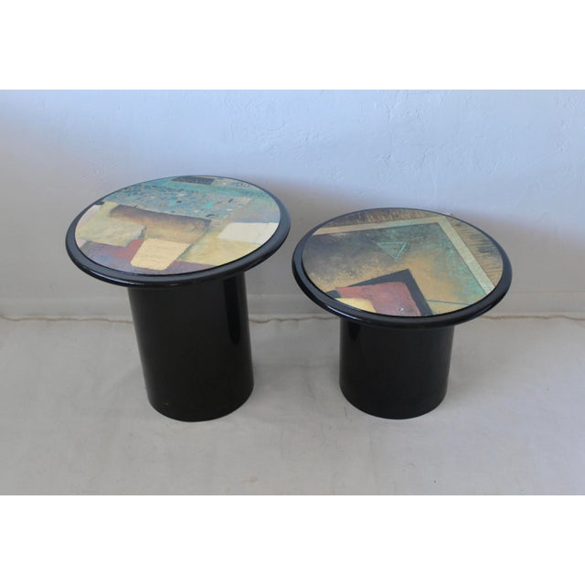 Postmodern 1980s Milano Memphis Style Circular Black Lacquered Painted Mushroom Nesting Side Tables - A Pair For Sale - Image 3 of 17