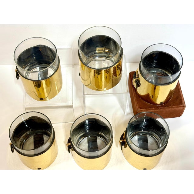 Mid-Century Modern Late 20th Century 6 Italian Gold-Plated Leather Horsebit Old Fashioned Glasses, Style of Gucci For Sale - Image 3 of 14