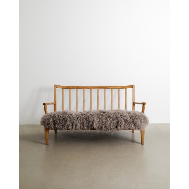 Early Swedish Mid-Century Wooden Pine Two Seater Sofa With Sheepskin by Carl Malmsten, 1940s For Sale - Image 3 of 9