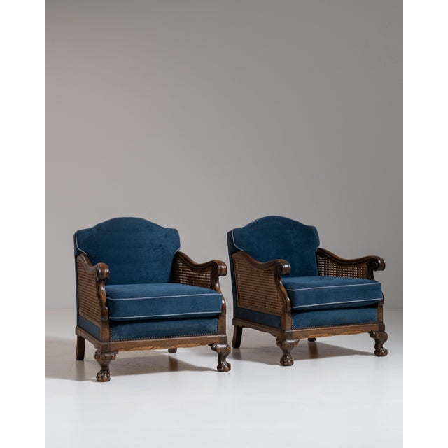 Pair of Early 20th Century British Navy Blue Edwardian Velvet Upholstered Armchairs with Cane Panels For Sale - Image 12 of 15