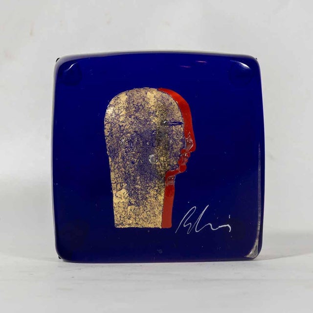 Figural Glass Paperweight, Murano, Italy, circa 2000Fused and kiln-formed art glass of square form. The cobalt blue body...