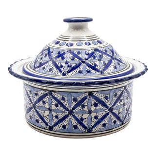Fait Main - Vintage, French Pottery, Lidded Serving Dish, Blue & White For Sale