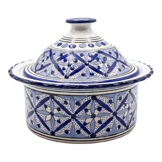 Fait Main - Vintage, French Pottery, Lidded Serving Dish, Blue & White For Sale