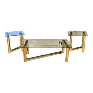 1970s Karl Springer Style Brass Tubular Z Shaped Coffee Table and Matching End Tables - 3 Piece Set For Sale