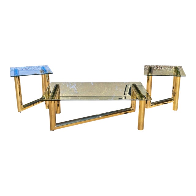 1970s Karl Springer Style Brass Tubular Z Shaped Coffee Table and Matching End Tables - 3 Piece Set For Sale