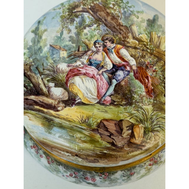 19th Century French Limoges Enamel Dresser Box with Rococo Pastoral Scenes For Sale - Image 11 of 13