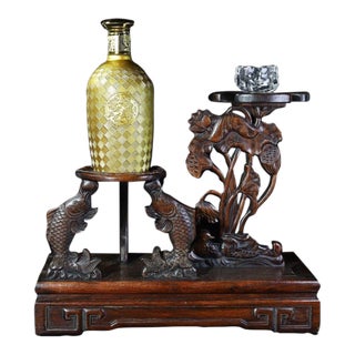 Huali Rosewood Carved Display Stand With Fish & Lotus Motif For Sale