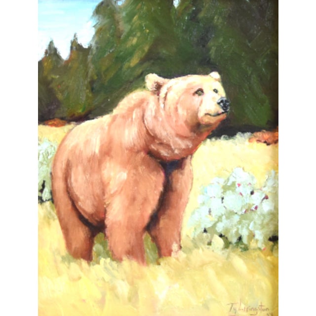 Brown Bear in Forest Landscape Painting Including the Antiqued Gold Wood Frame For Sale - Image 4 of 7