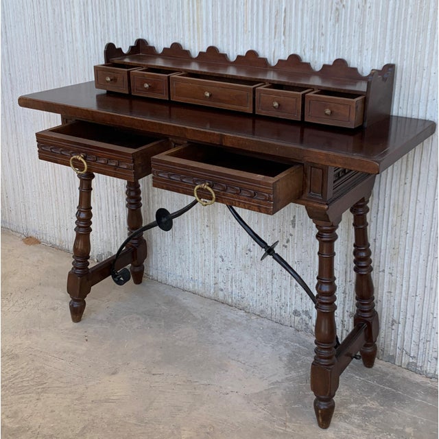 Catalan Spanish Lady Desk or Console Tablein Carved Walnut and Iron Stretcher For Sale - Image 9 of 13
