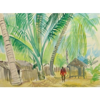 Stephane Magnard, French Watercolor - Tropical Village For Sale