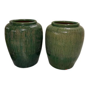 A Pair of Large Mid-Century Modern Ribbed Green Glazed Ceramic Ovoid Planters