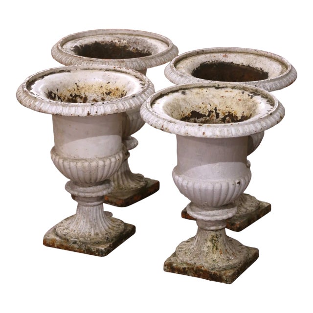 Mid-19th Century French Weathered Painted Iron Medici Vases - Set of 4 For Sale