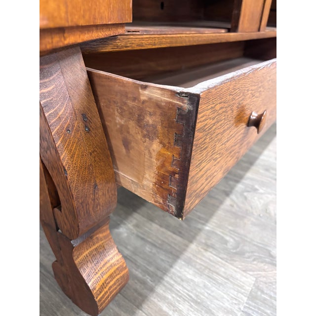 Antique Stout Furniture Co Tiger Oak Server Sideboard Buffet With Mirror For Sale - Image 10 of 13