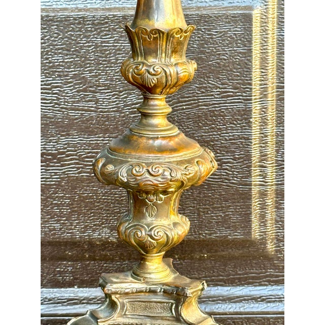 17th Century Italian Baroque Bronze Altar Candelabra Lamps, Marian Monogram - Pair For Sale - Image 4 of 6