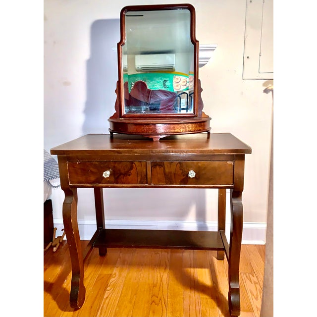 Late 1800s oak vanity mirror and base with two compartments for make up, jewelry whatever. Very sturdy with two drawers,...