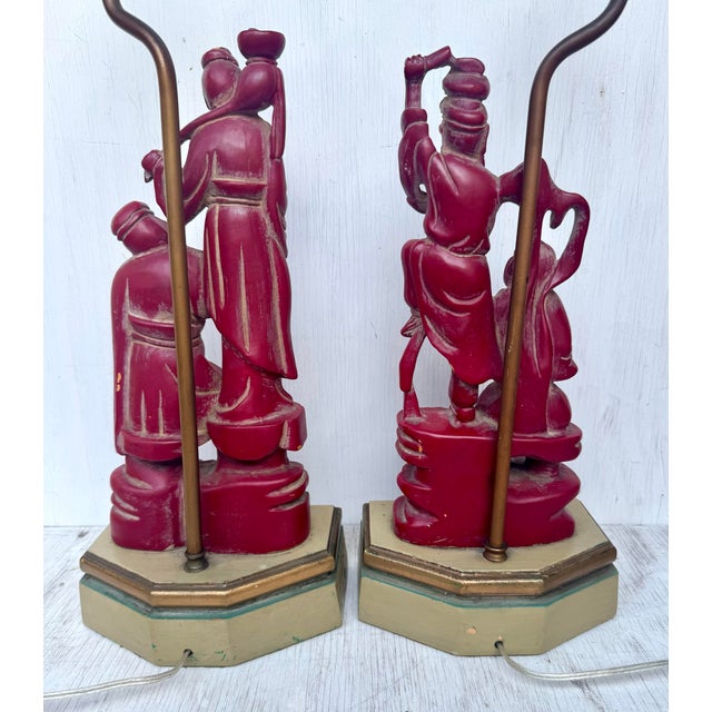 Figurative Fine Antique Carved Wood Chinese Immortals Fisherman and Deity Cinnabar Style Finish Pair Lamps For Sale - Image 3 of 12