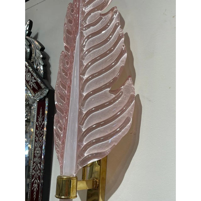 2000 - 2009 Pink Murano Glass & Brass Leaf Form Wall Sconces - A Pair For Sale - Image 5 of 8