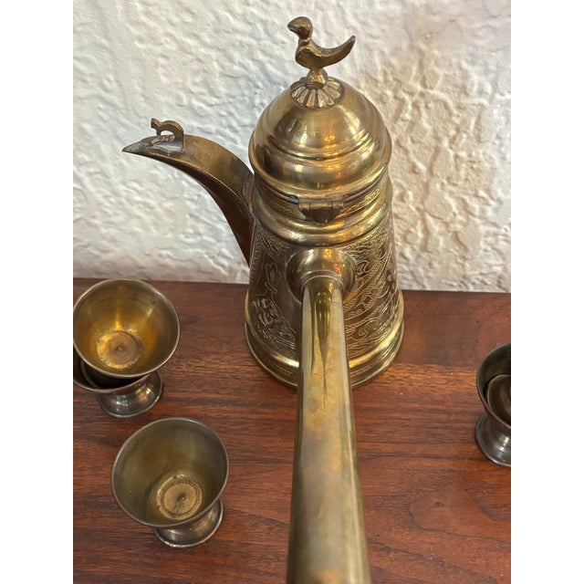 Mid 20th Century Mid 20th Century Turkish Etched Brass Coffee Pot With Long Handle and Cups - Set of 6 For Sale - Image 5 of 9