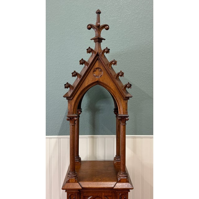 Antique French Gothic Revival Statuary Niche Cabinet Pedestal Altar Oak Late 19c For Sale - Image 4 of 18