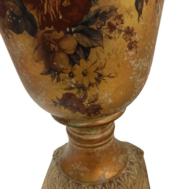90s Ceramic Flower Vase Rose Painted Urn Tabletop Pedastle Golden Brown For Sale In San Diego - Image 6 of 11