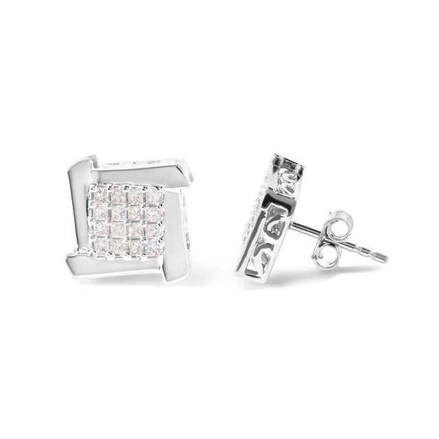 Contemporary 10K White Gold 1/2 Cttw Composite Princess Diamond Square and Swirl Stud Earrings (I-J Color, I1-I2 For Sale - Image 3 of 5