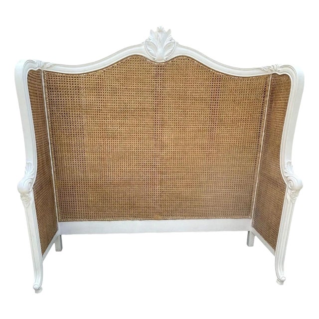 French Regency Queen Cane Headboard – Brown Mahogany Wraparound For Sale