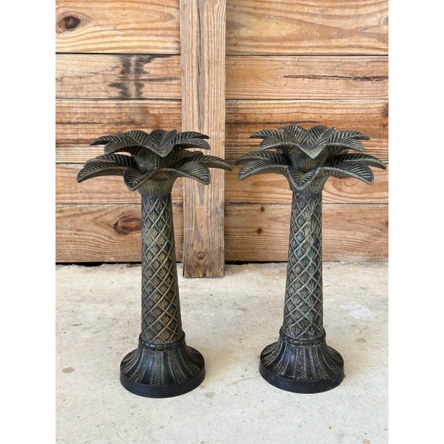 Coastal Metal Palm Tree Candle Holders-Pair For Sale - Image 11 of 11