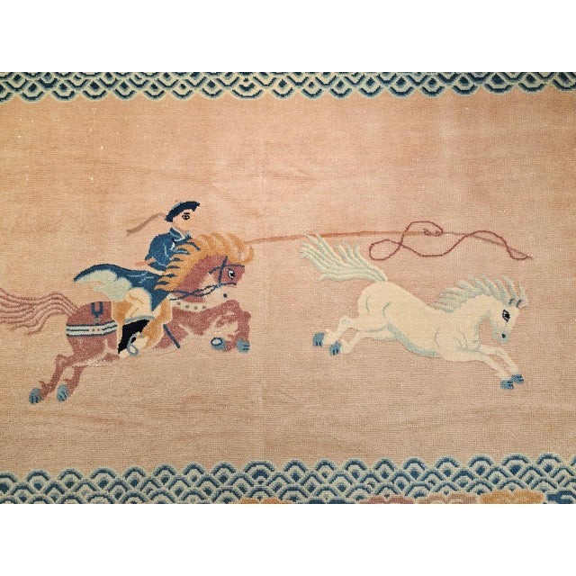 Textile Vintage Chinese Pictorial Area Rug, Handwoven Wool on Cotton, Tan & Blue, 4' x 6' For Sale - Image 7 of 13