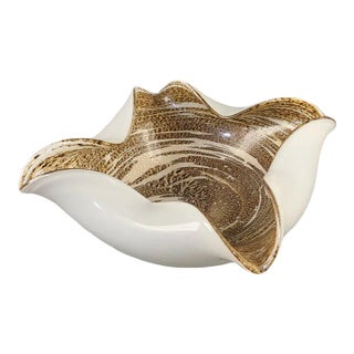 Mid 20th Century Vintage Murano Art Glass Chocolate Gold White Free Form Bowl with Original Label For Sale