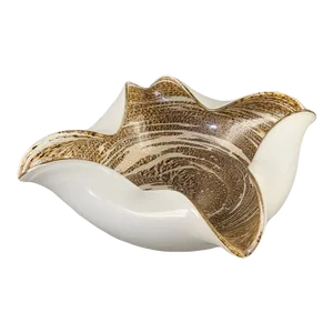 Mid 20th Century Vintage Murano Art Glass Chocolate Gold White Free Form Bowl with Original Label