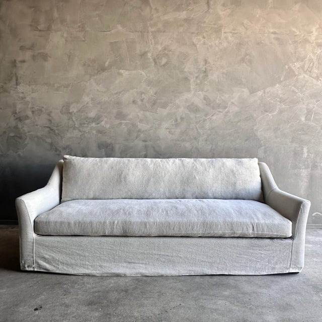 Textile Slipcovered Slope Arm Sofa in Stone Washed Greige Linen With Down Cushions For Sale - Image 7 of 10