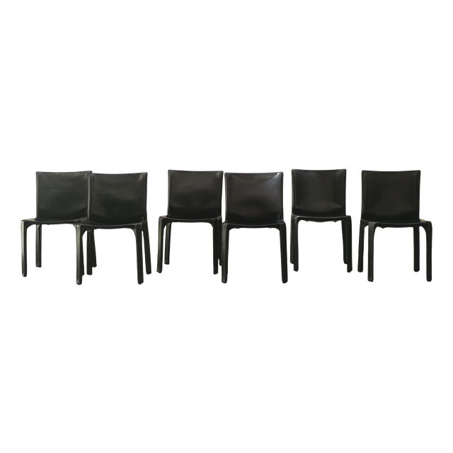 CAB T4 Chairs in Black Leather by Mario Bellini for Cassina, Italy, 1970s, Set of 6 For Sale
