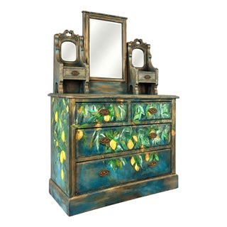 Antique Victorian-Style Triple-Mirror Dresser With Hand-Painted Lemon Botanicals by Dionne Woods For Sale