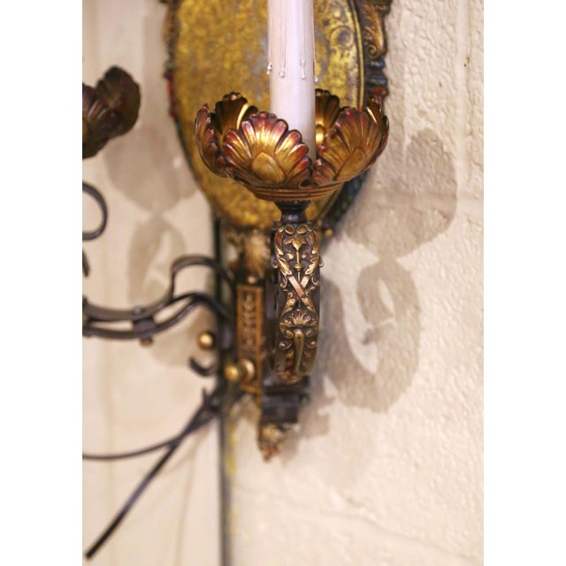 Pair of Mid-Century American Renaissance Revival Iron Two-Light Sconces For Sale - Image 9 of 11