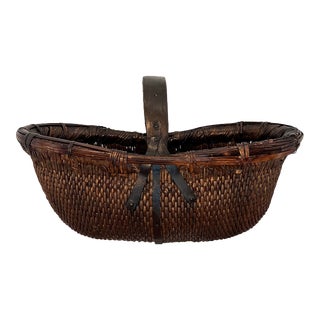 Large Antique Chinese / Asian Woven Willow Rice Gathering Basket For Sale